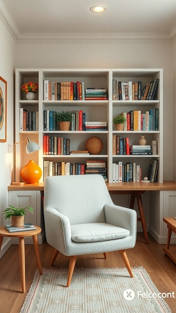 15 Inspiring Home Offices You'll Absolutely Adore 3 A cozy reading nook office featuring a light chair, bookshelves filled with books, and a small side table with plants.