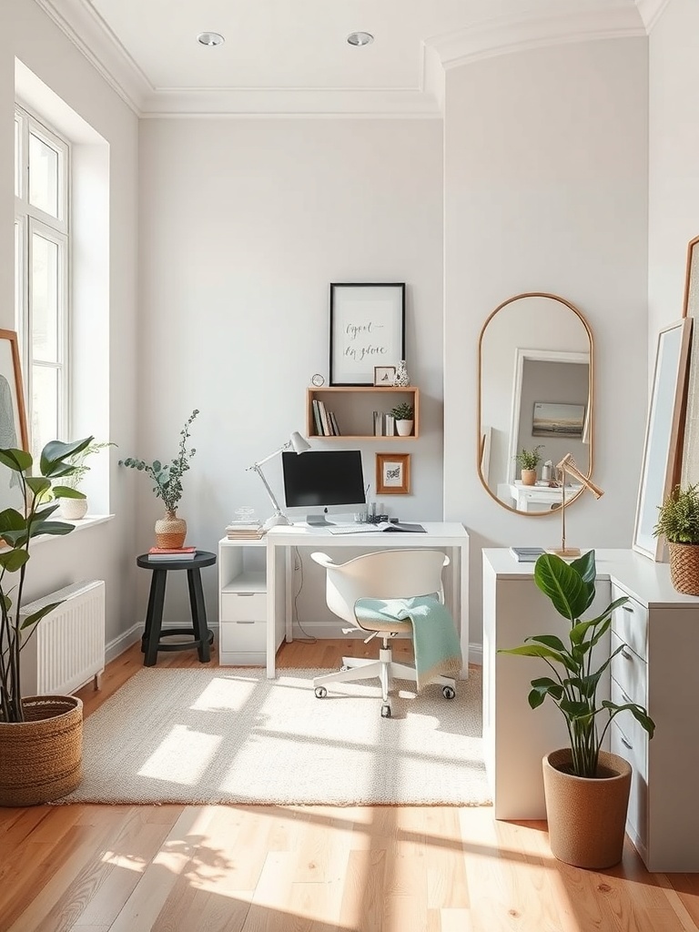 20 Classy Feminine Home Office Ideas for a Stylish Workspace 35 A bright and classy feminine home office with a round mirror, plants, and a white desk.