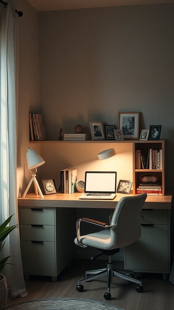 19 Inspiring Home Office Desk Ideas to Elevate Your Workspace 22 A cozy home office corner with a desk, chair, and decorative items.