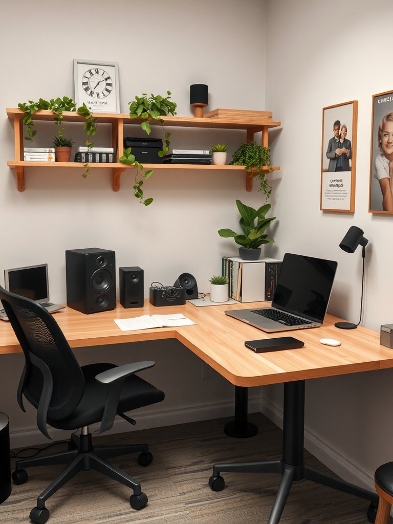19 Inspiring Small Home Office Ideas 28 A small home office with a wooden desk, laptop, and plants, showcasing a tech-friendly workspace.