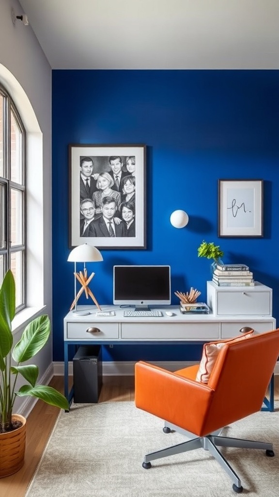 21 Inspiring Home Office Setup Ideas that You'll Love 10 Home office with a bold blue accent wall, modern desk, orange chair, and decorative elements.
