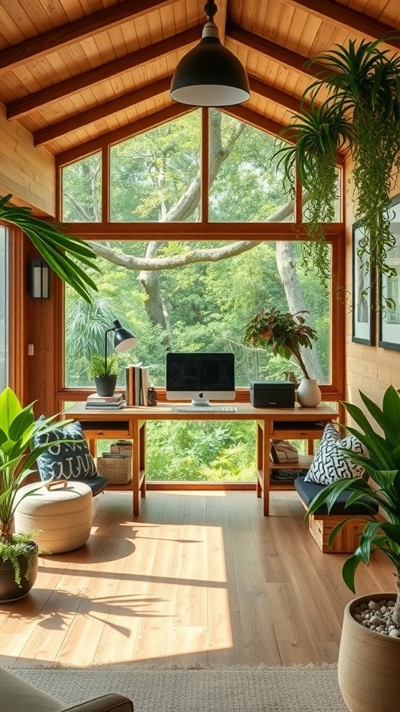 15 Home Office Inspiration to Transform Your Workspace 12 A bright home office with large windows, wooden beams, and indoor plants, creating an outdoor-inspired atmosphere.