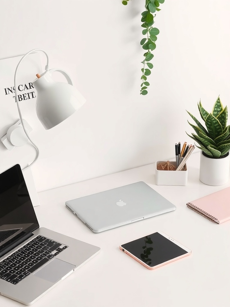 20 Classy Feminine Home Office Ideas for a Stylish Workspace 33 A stylish home office setup featuring a laptop, tablet, and a lamp on a clean desk with plants.