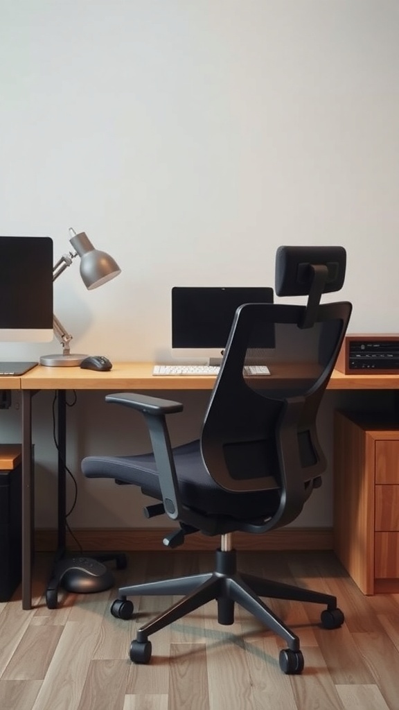 10 Cozy Home Office Ideas for Ultimate Comfort 4 A modern ergonomic office chair in front of a desk with a computer and lamp.