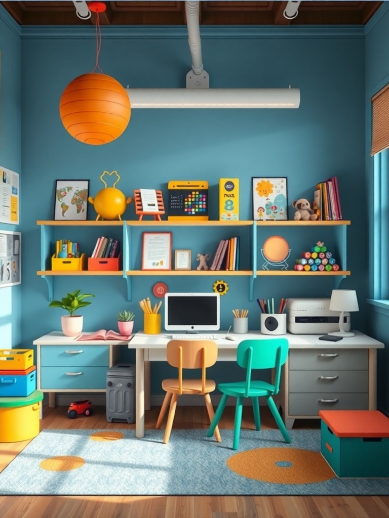 15 Inspiring Home Study Room Designs You'll Fall In Love With 13 A colorful child-friendly study area featuring blue walls, a white desk with colorful storage, and playful decor.