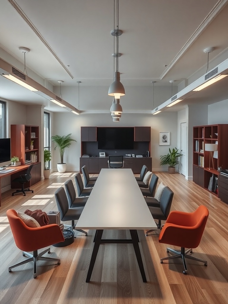 A modern open concept office with a long table, chairs, and plants, designed for collaboration.
