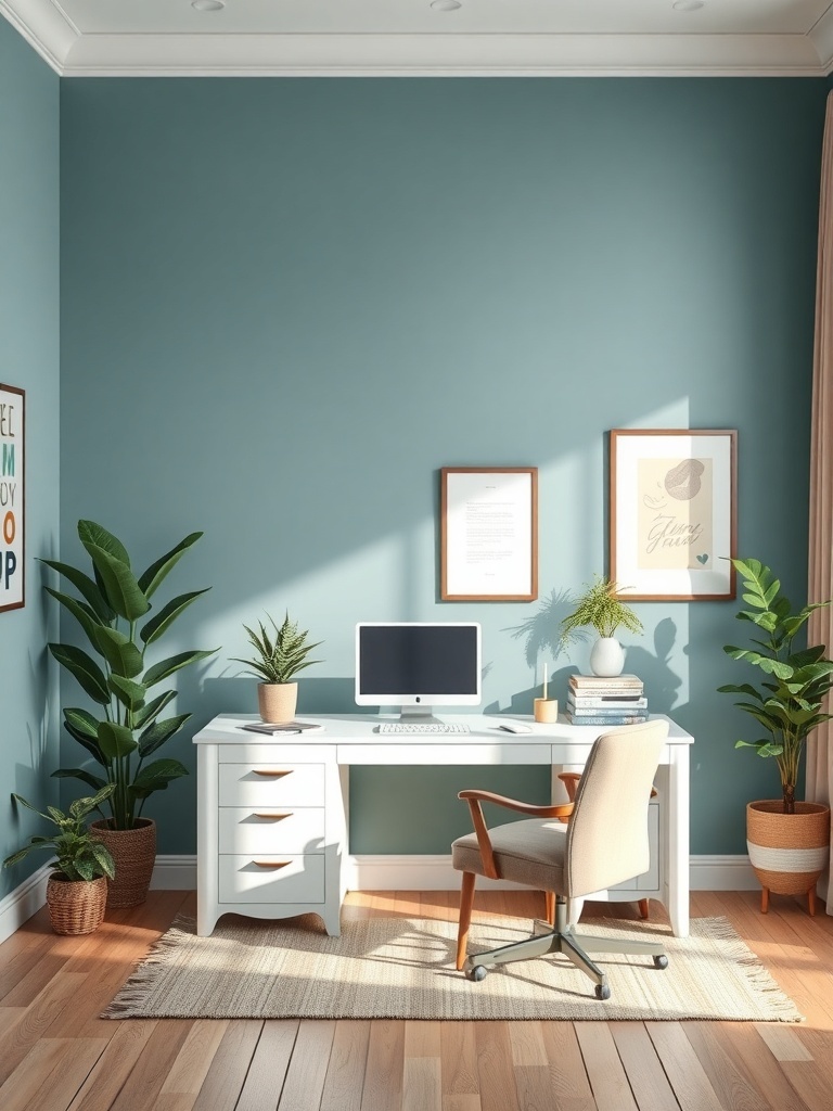 19 Inspiring Small Home Office Ideas 21 A calming home office with soft blue walls, a white desk, and plants.