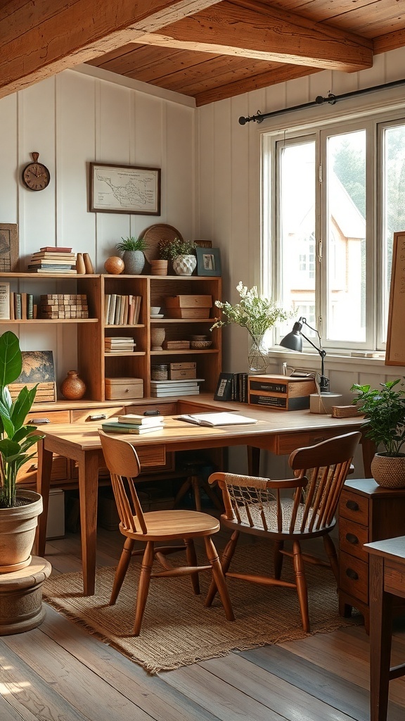 21 Inspiring Home Office Setup Ideas that You'll Love 11 A rustic farmhouse office featuring a wooden desk, chairs, and shelves filled with books and plants.