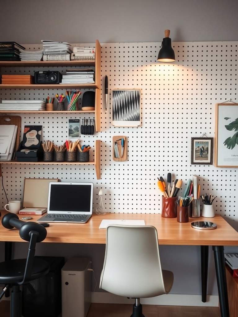 19 Inspiring Small Home Office Ideas 31 A small home office with a wooden desk, pegboard wall for organization, and shelves displaying books and office supplies.