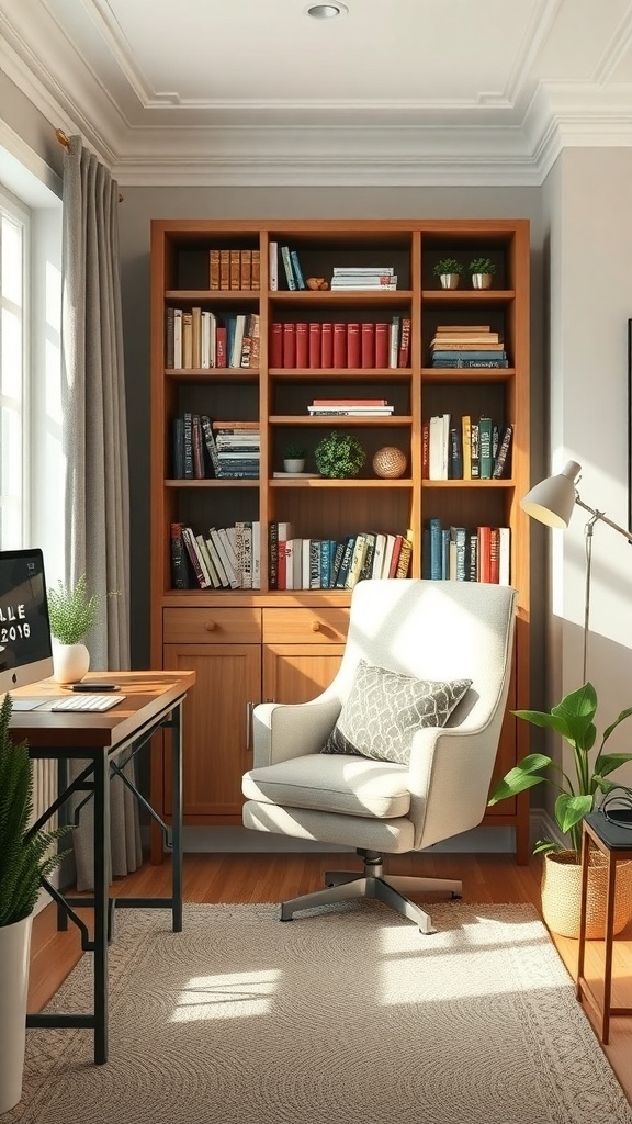 10 Cozy Home Office Ideas for Ultimate Comfort 9 Cozy reading nook with a comfortable chair, bookshelf, and warm lighting in a home office.