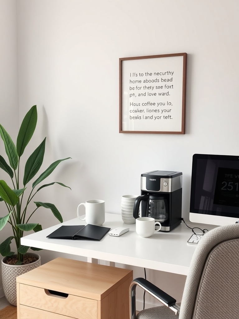 A home office setup featuring a coffee maker, mugs, a plant, and a computer on a desk.