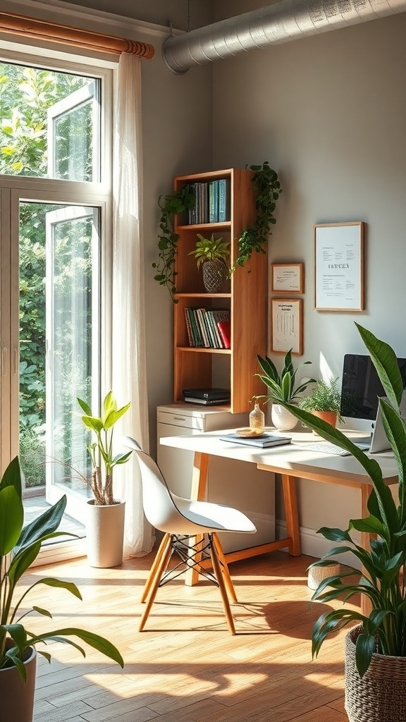 21 Inspiring Home Office Setup Ideas that You'll Love 18 A bright home office with large windows, plants, and light wood furniture.