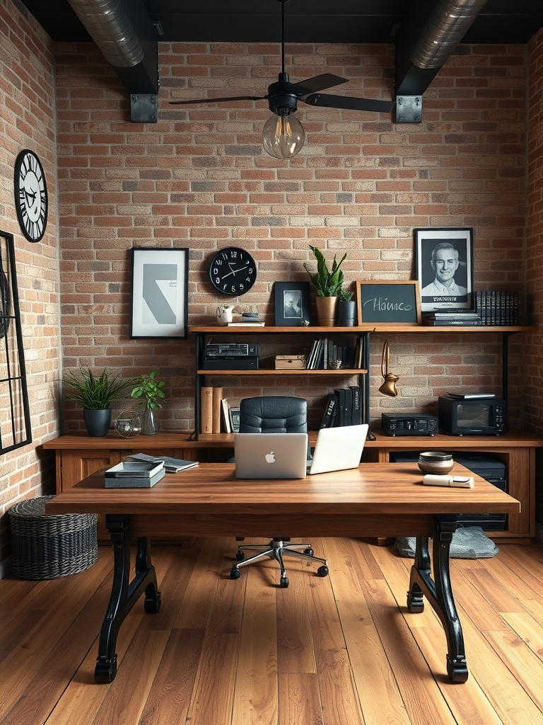 Stylish home office with exposed brick wall, wooden desk, and modern decor