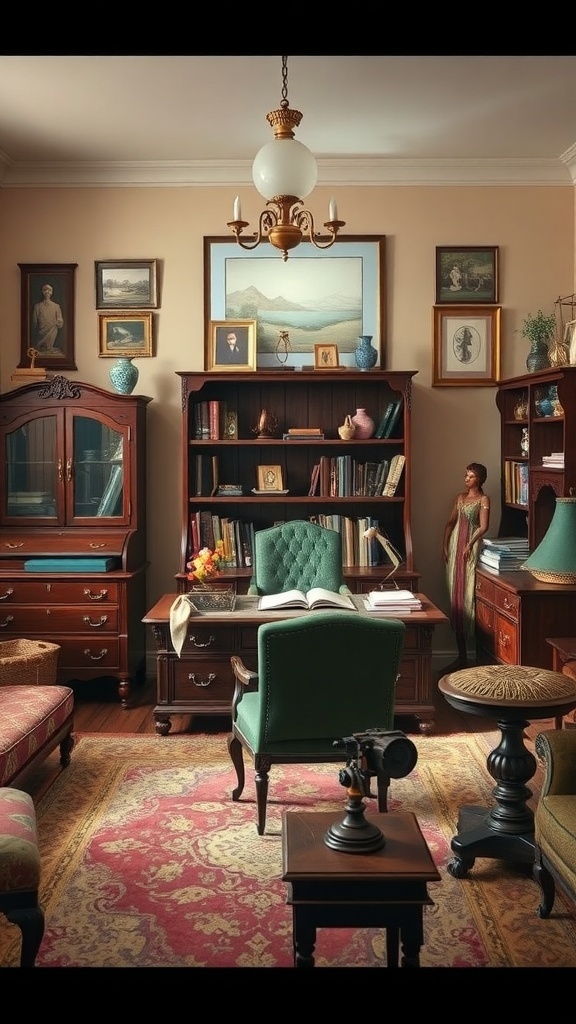 21 Inspiring Home Office Setup Ideas that You'll Love 9 A vintage office with antique furniture, featuring a wooden desk, green chair, and framed artwork on the walls.