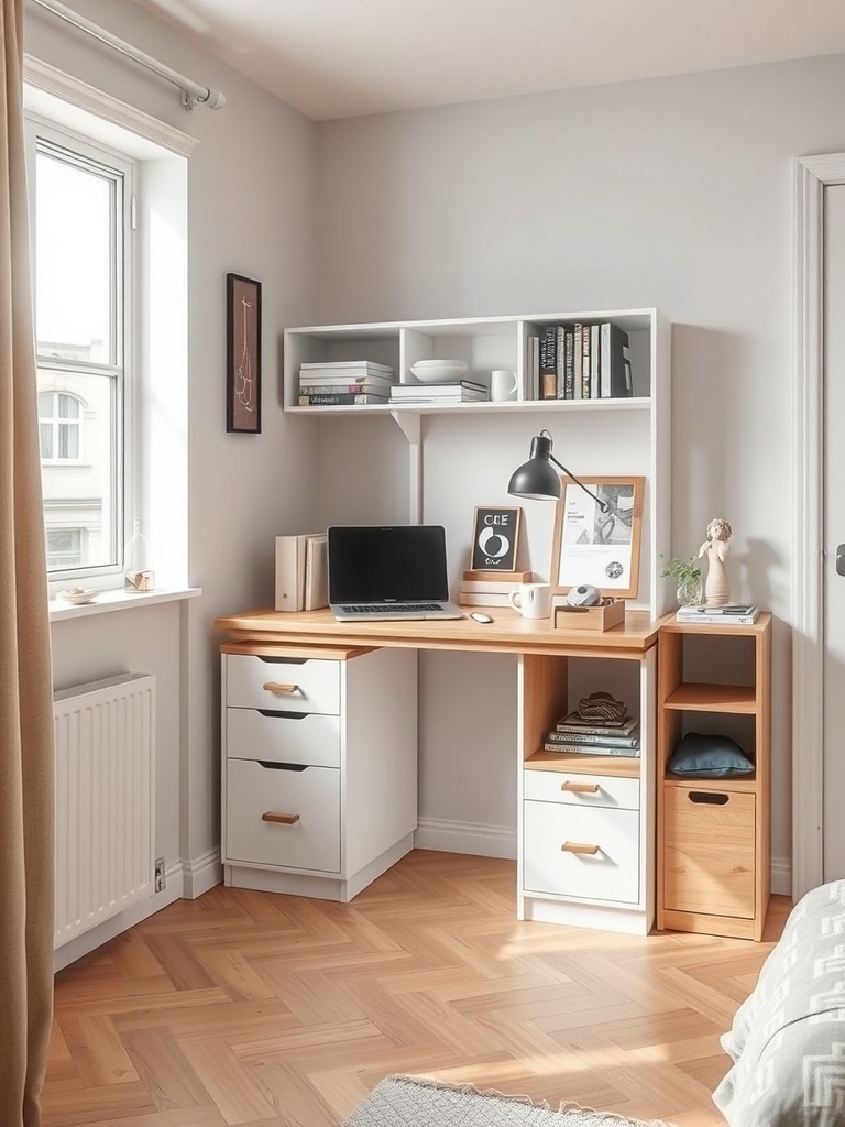 15 Inspiring Home Study Room Designs You'll Fall In Love With 9 Compact study corner with a desk, computer, and shelves in a small apartment