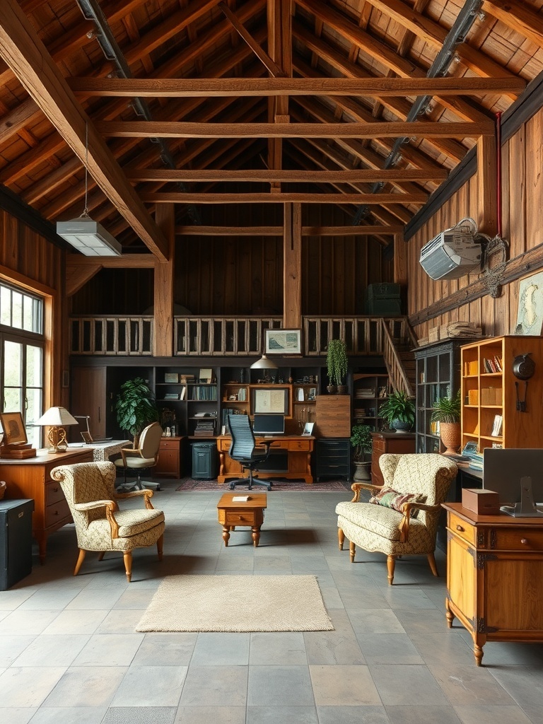 A spacious rustic farmhouse home office with wooden beams, vintage furniture, and natural light.