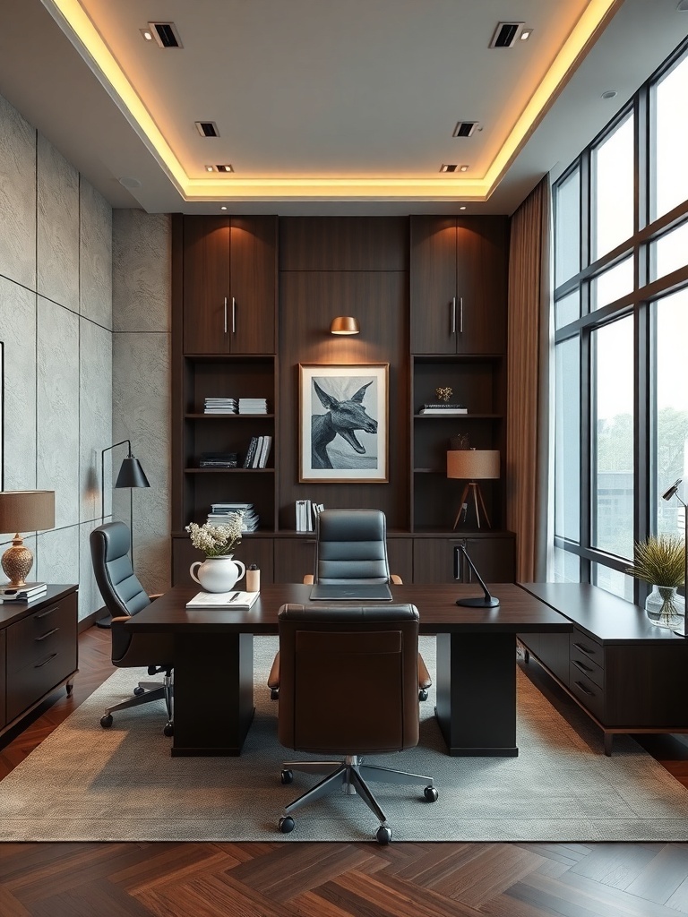 Luxurious executive office suite with wooden furniture, large windows, and stylish decor