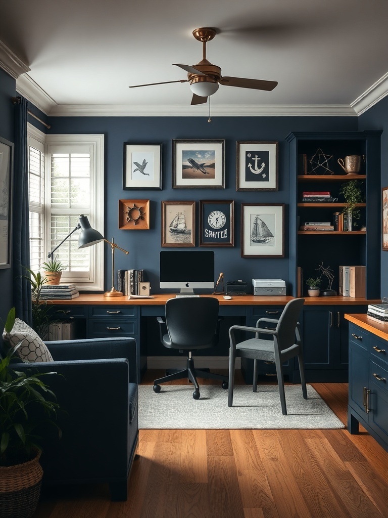 A nautical-inspired home office with deep blue walls, wooden accents, and framed nautical art.
