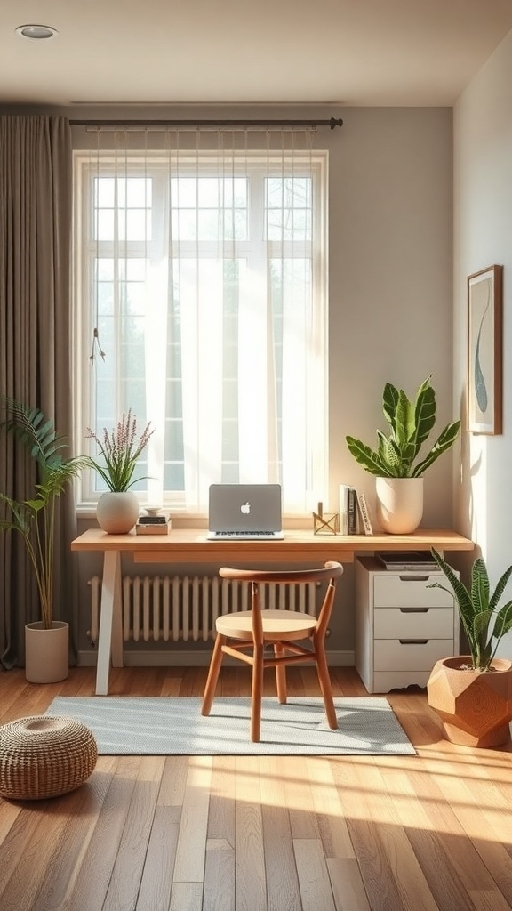 A serene home office with a wooden desk, laptop, plants, and natural light.