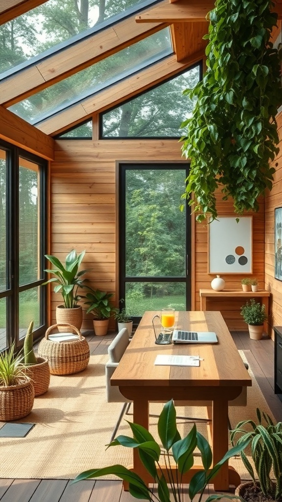 21 Inspiring Home Office Setup Ideas that You'll Love 15 A bright and inviting home office with wooden walls, large windows, and various indoor plants.