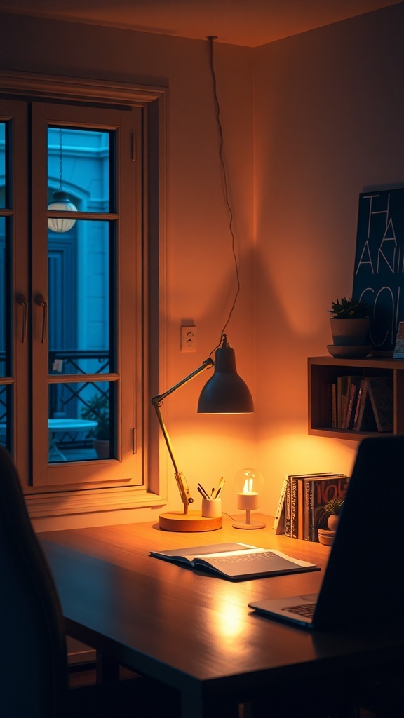 10 Cozy Home Office Ideas for Ultimate Comfort 5 A cozy home office with warm lighting from a desk lamp and a window.