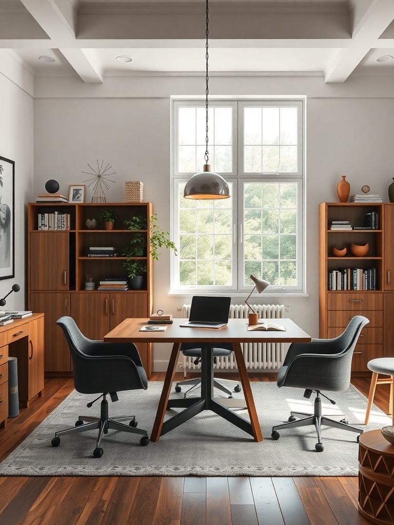 A modern home office featuring a large table, comfortable chairs, and wooden shelves.