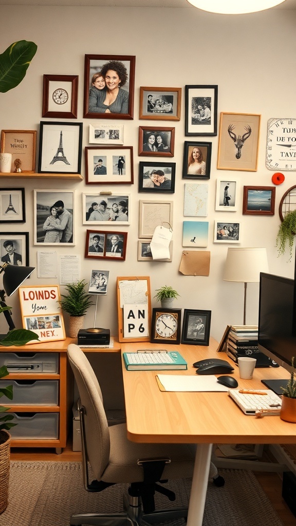21 Inspiring Home Office Setup Ideas that You'll Love 20 A cozy home office with a gallery wall of family photos, a desk with a computer, and plants.
