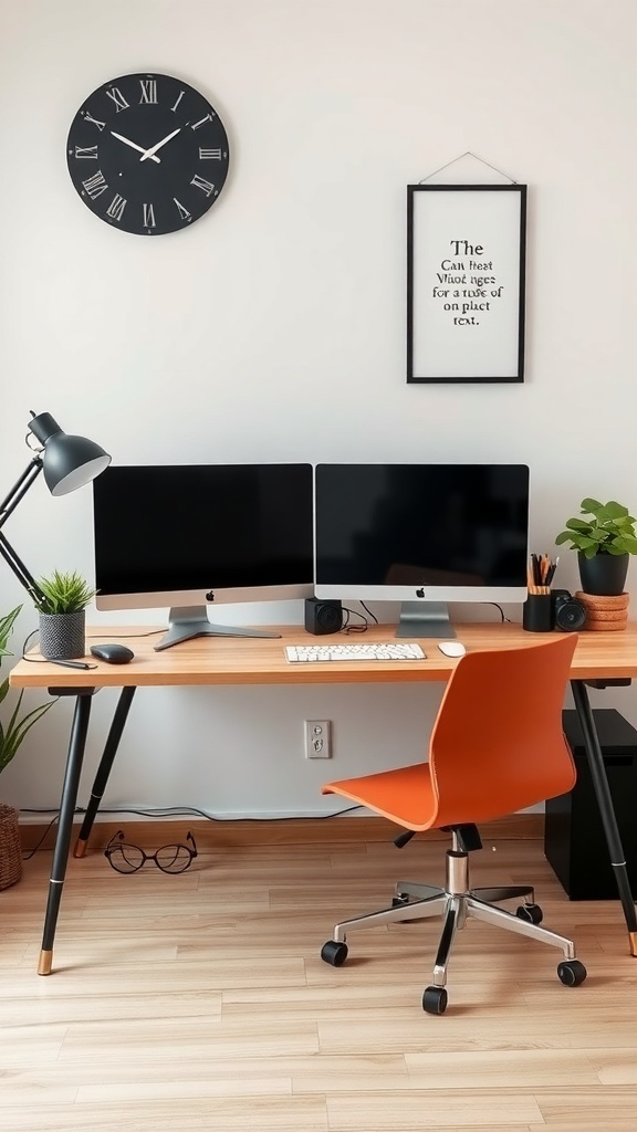 21 Inspiring Home Office Setup Ideas that You'll Love 4 A modern home office setup featuring two monitors, a stylish orange chair, and decorative plants.