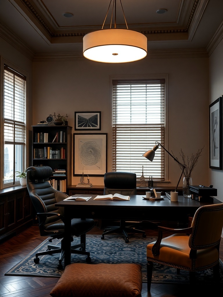 20 Classy Feminine Home Office Ideas for a Stylish Workspace 25 A sophisticated home office with modern pendant lighting, a large desk, and stylish chairs.