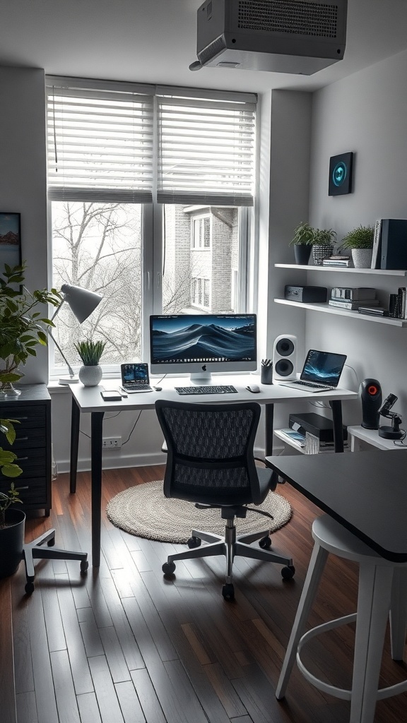 21 Inspiring Home Office Setup Ideas that You'll Love 5 A modern home office setup featuring a large monitor, stylish chair, and plants, with natural light coming through the window.