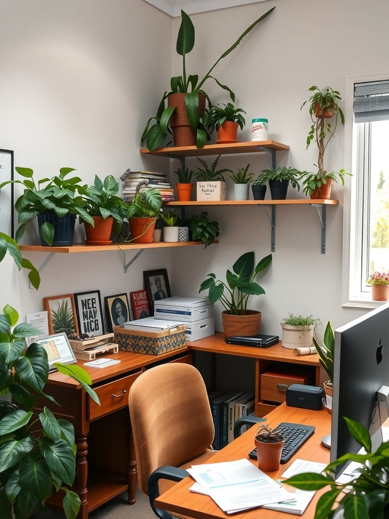 19 Inspiring Small Home Office Ideas 22 A home office with various plants on shelves and desk, creating a fresh atmosphere.