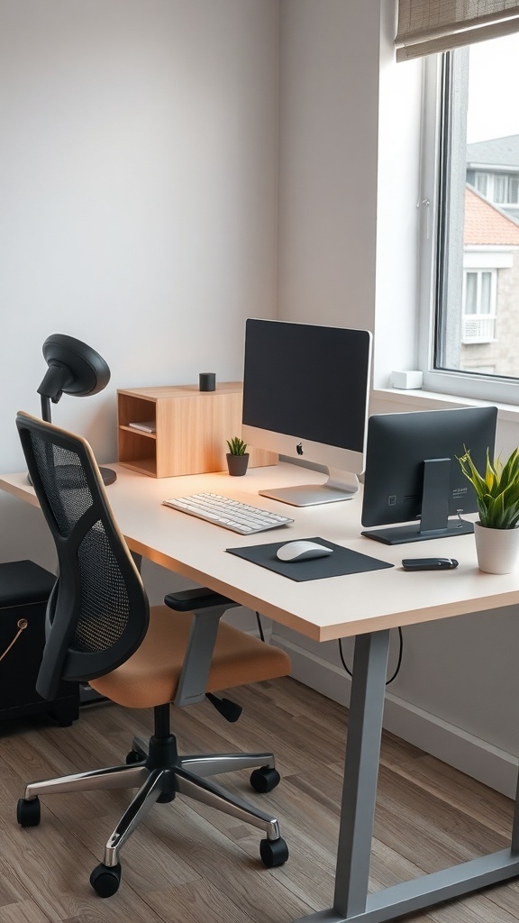 A modern ergonomic desk setup with a computer, chair, and plants