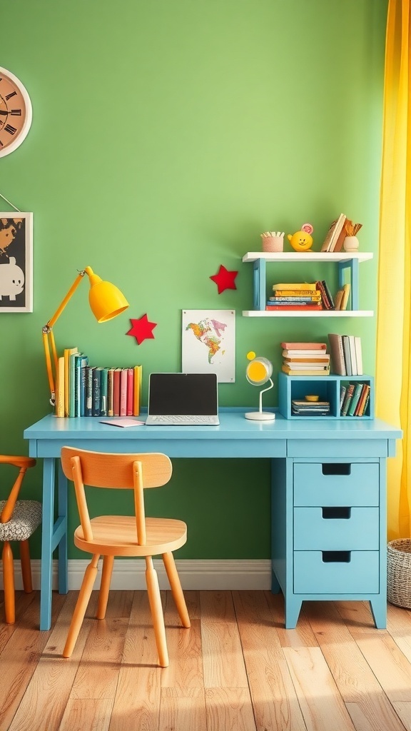 19 Inspiring Home Office Desk Ideas to Elevate Your Workspace 37 A brightly colored kids' study desk with a blue desk, wooden chair, and colorful decorations against a green wall.