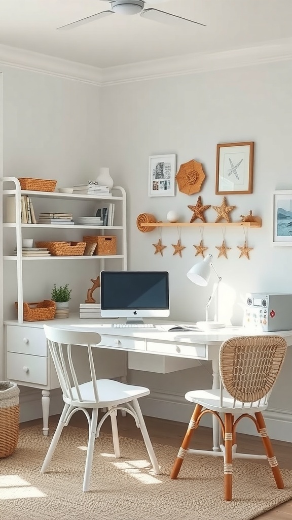 21 Inspiring Home Office Setup Ideas that You'll Love 19 A bright coastal-themed home office with a white desk, woven chairs, and beach-themed decor.