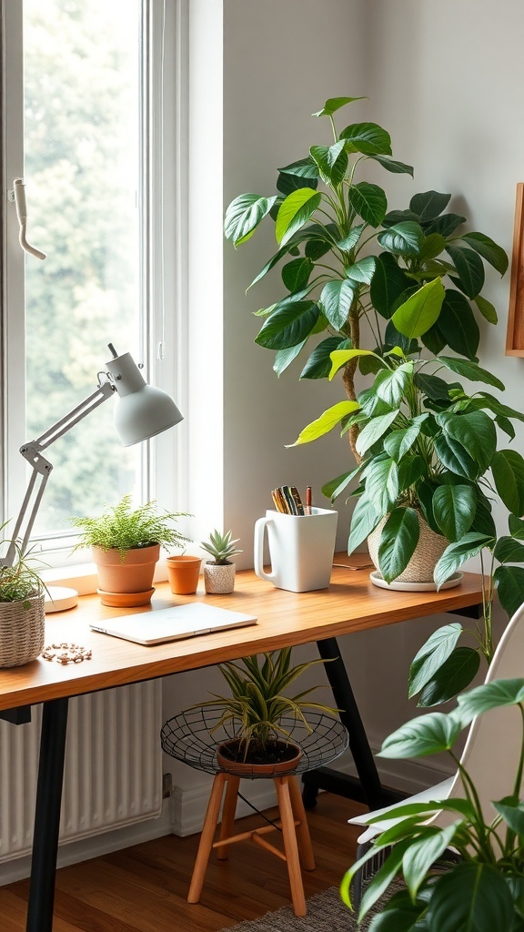 A well-organized home office desk with various plants, a lamp, and stationery.