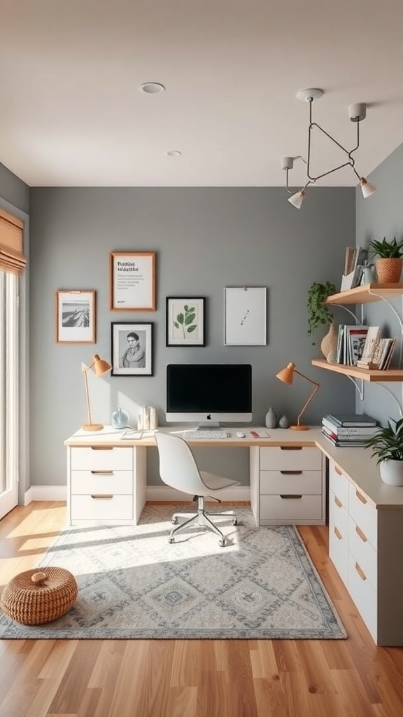 15 Inspiring Home Offices You'll Absolutely Adore 9 A stylish family-friendly home office with a gray wall, wooden flooring, and a spacious desk.