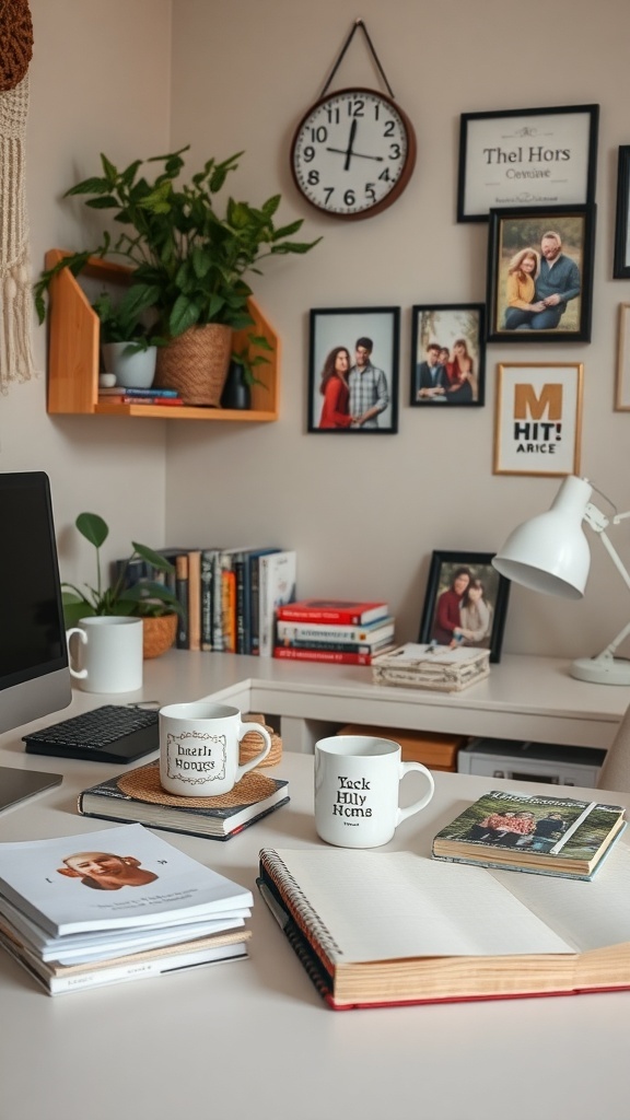 A cozy home office setup featuring framed photos, plants, and personalized mugs.