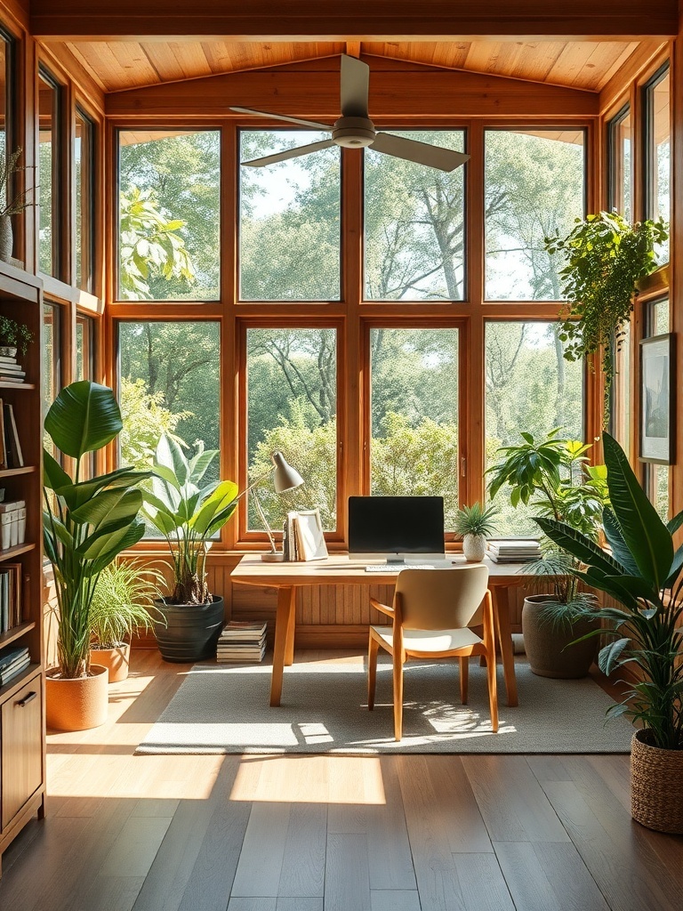 A bright home office with large windows, wooden accents, and indoor plants.