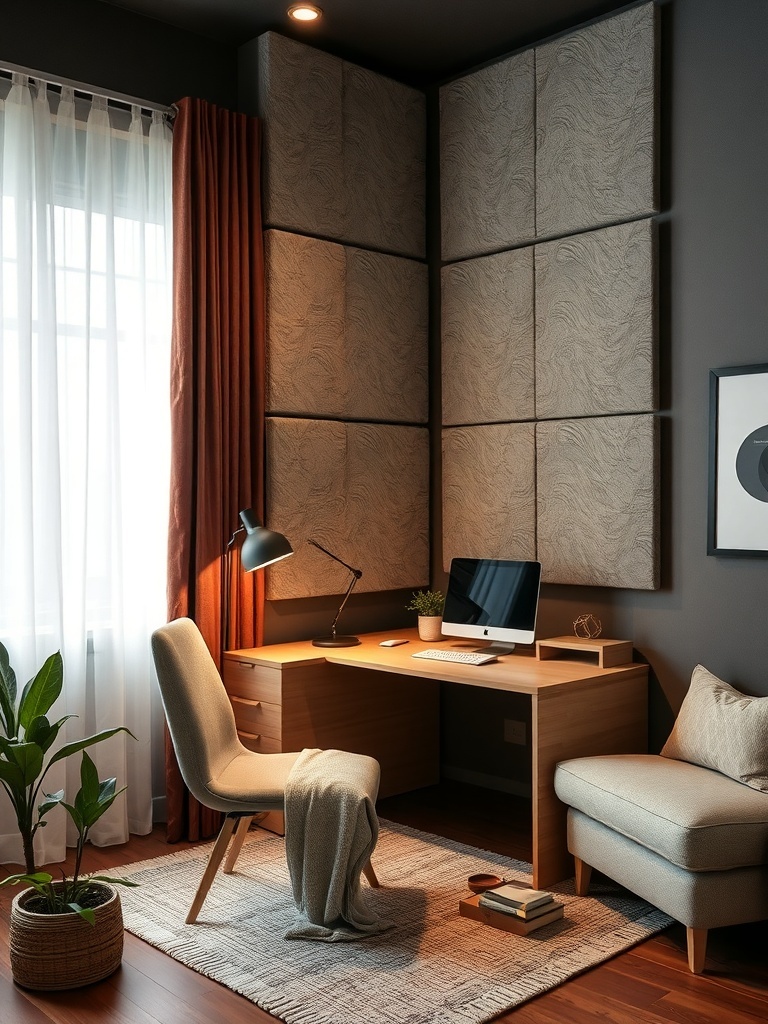 19 Inspiring Small Home Office Ideas 29 A cozy home office with sound-absorbing panels, a desk, a chair, and a plant.