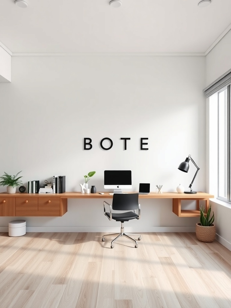 A modern home office featuring a sleek floating desk, black chair, and minimal decor.
