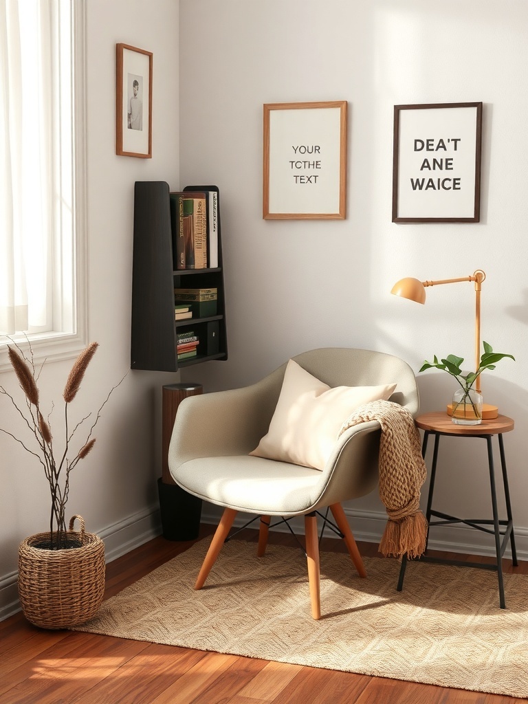 19 Inspiring Small Home Office Ideas 20 A cozy home office nook with a comfortable chair, soft textiles, and decorative elements.