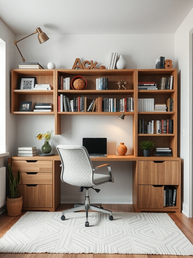19 Inspiring Small Home Office Ideas 25 A small home office featuring a wooden desk with shelves, a comfortable chair, and decorative items.
