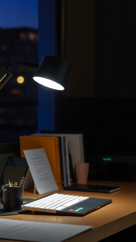 A modern desk lamp illuminating a workspace with a laptop, documents, and a coffee cup.