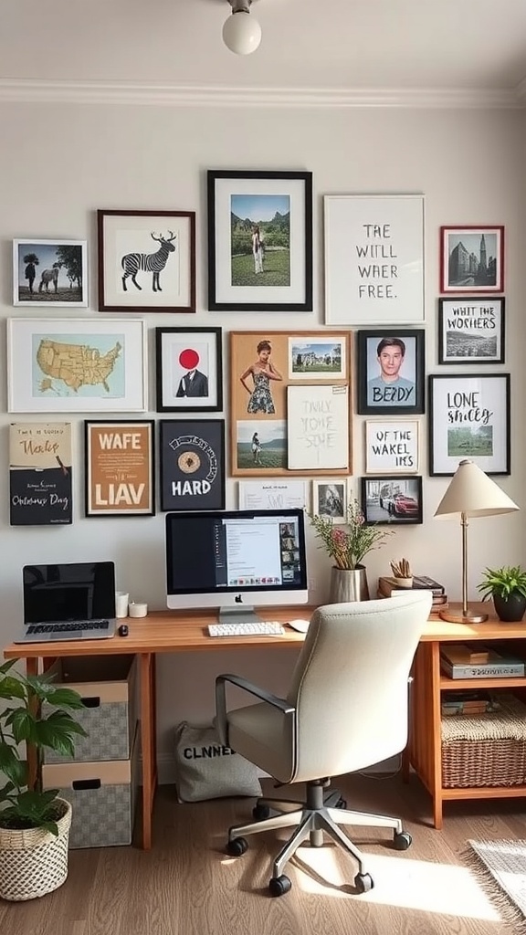 10 Cozy Home Office Ideas for Ultimate Comfort 7 A cozy home office with a gallery wall of framed art and photographs, a wooden desk with a computer, and plants.