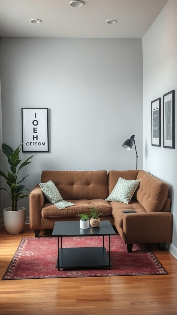 A cozy breakout space with a brown couch, green pillows, a coffee table with plants, and a lamp.