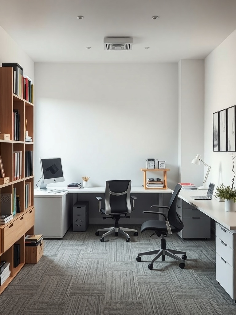 19 Inspiring Small Home Office Ideas 33 A minimalist home office featuring a large desk, ergonomic chairs, and a wooden bookshelf.