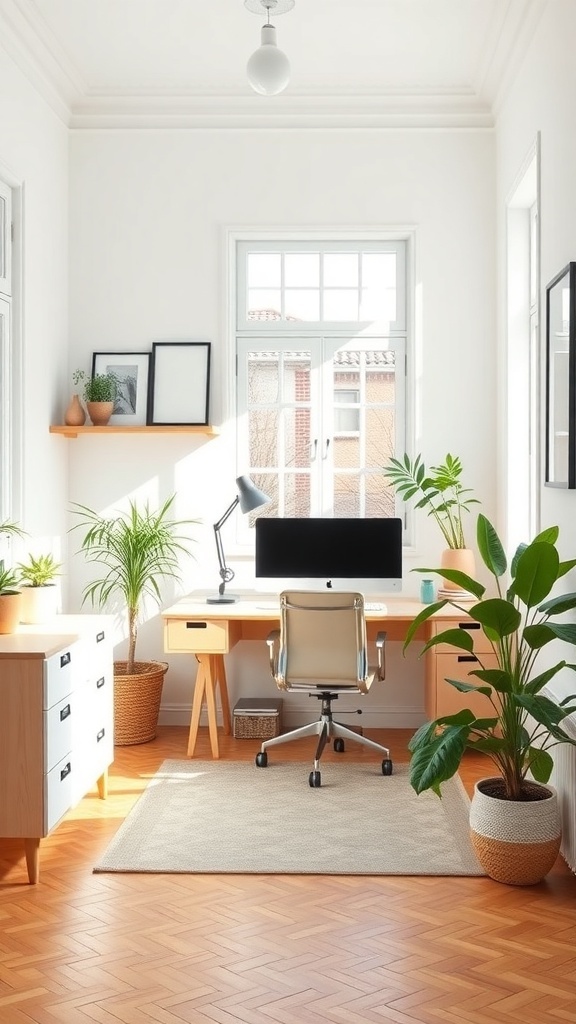 A minimalist Scandinavian home office with a desk, chair, plants, and natural light.