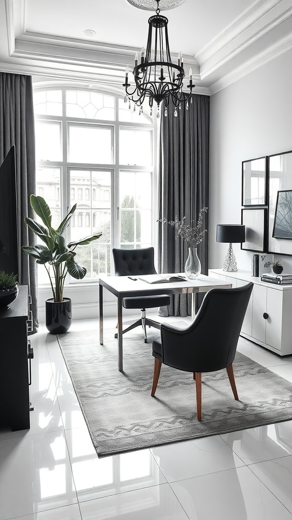 A sophisticated monochrome home office featuring a large window, black and white furniture, and elegant decor.