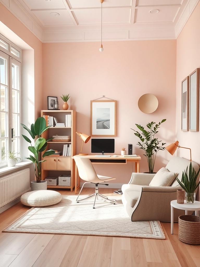 20 Classy Feminine Home Office Ideas for a Stylish Workspace 24 A feminine home office with soft pink walls, a cozy chair, a wooden desk, and plants.