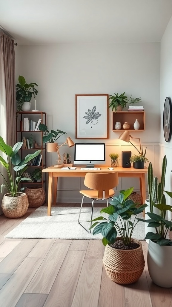 21 Inspiring Home Office Setup Ideas that You'll Love 16 A zen-inspired home office setup featuring a wooden desk, computer, and various plants in decorative pots.